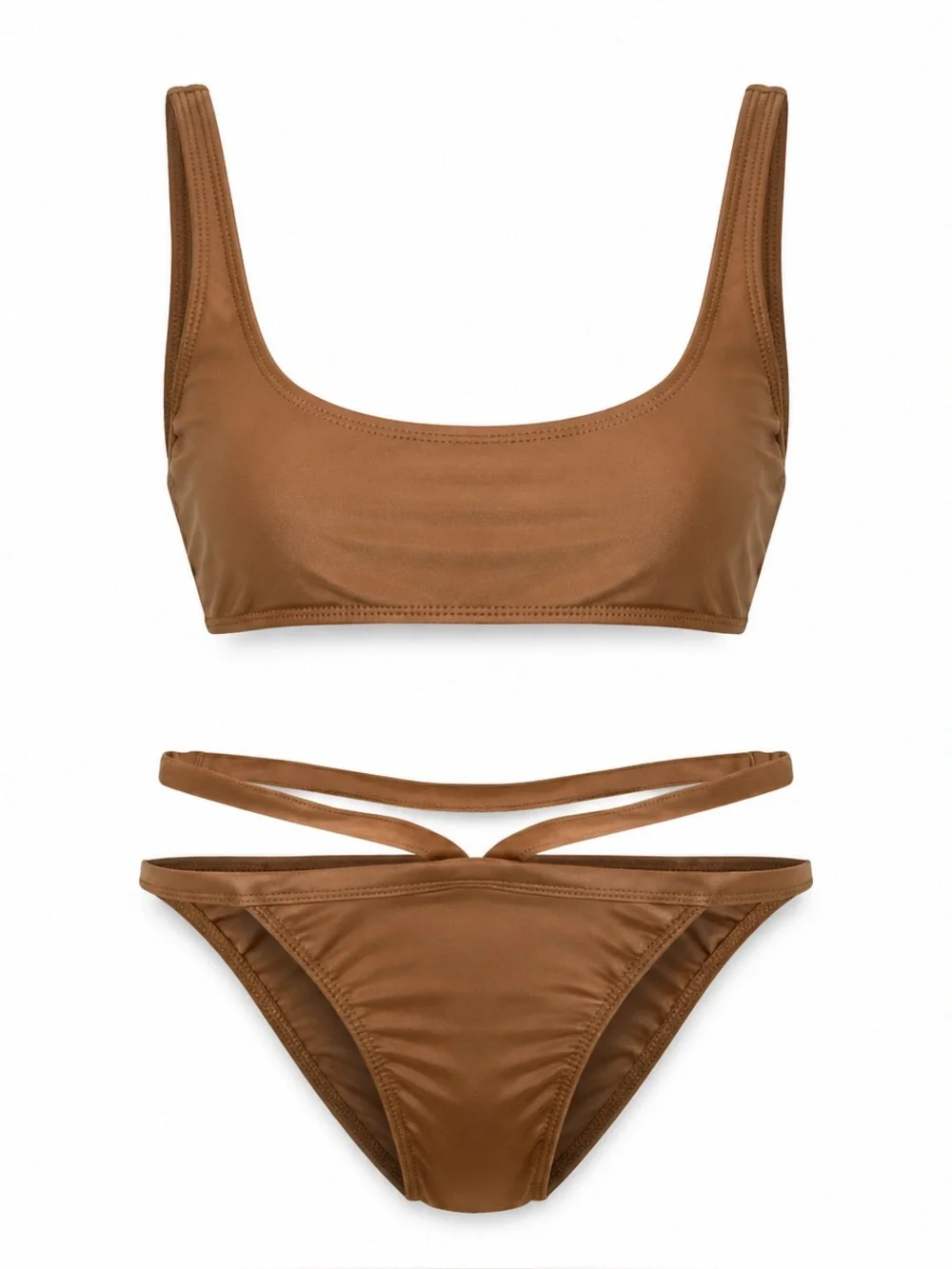 LIONESS Brown Bikini Set - Classic Scoop Top & 2 Waistband Bottom - XS